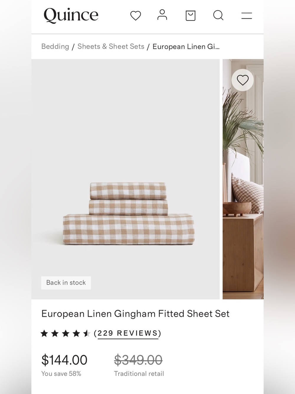 NWOT - Quince Gingham Linen Fitted Sheet Set - King - Cafe